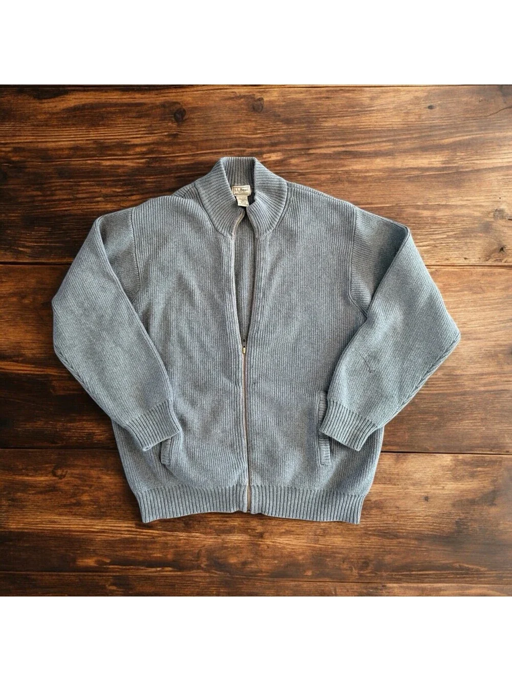 Vintage L.L. Bean Men's Large Full-Zip Ribbed Cardigan Sweater - Grey - OMY91